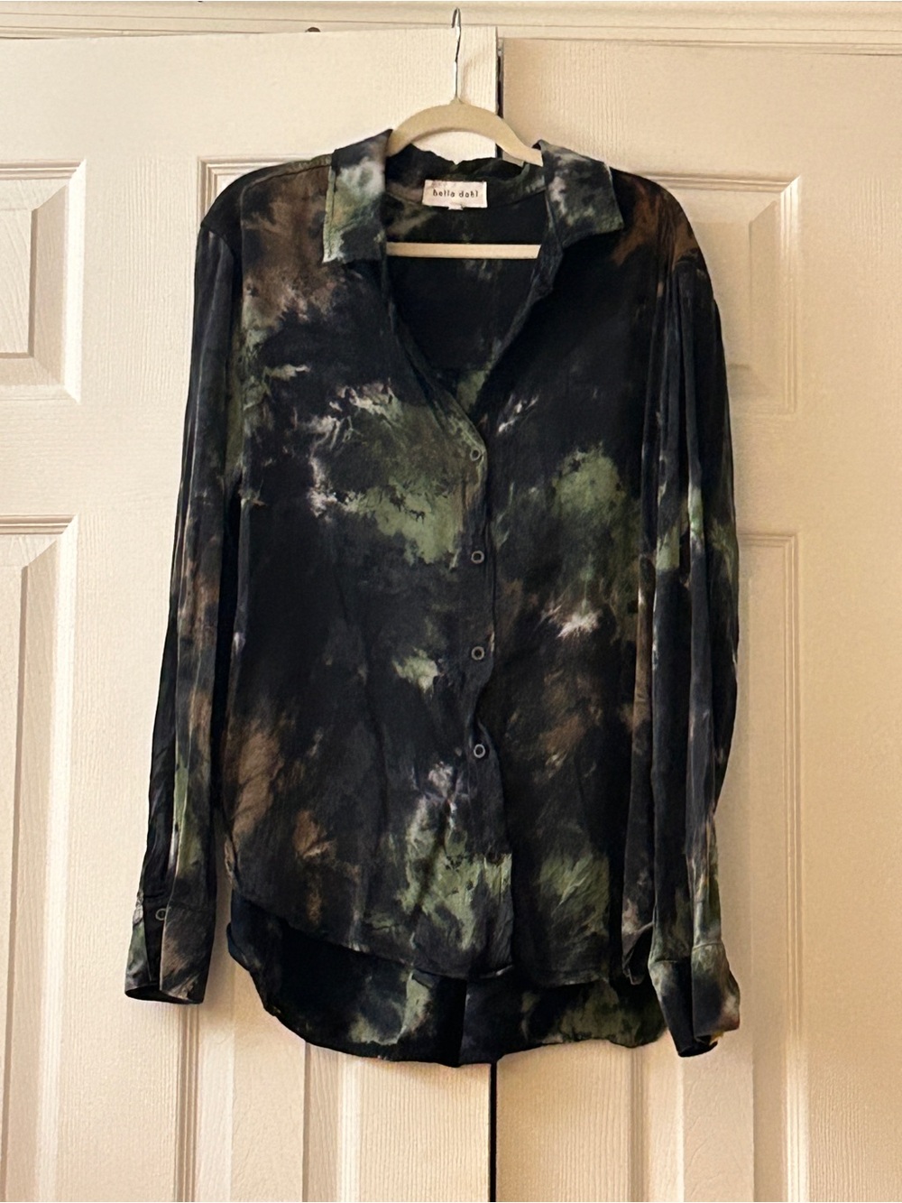 Bella Dahl Large Tie Dye Button Down Shirt Olive Gray Tencel Lyocell Blouse Top